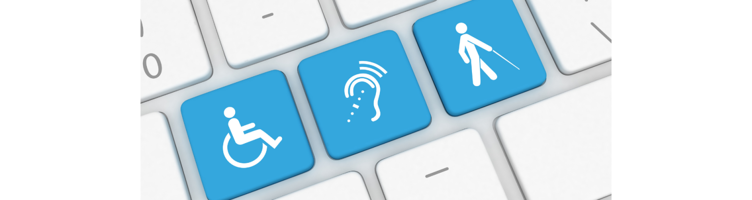 Tastatur mit drei blauen tasten mit Symbolen zum Thema Barrierefreiheit.